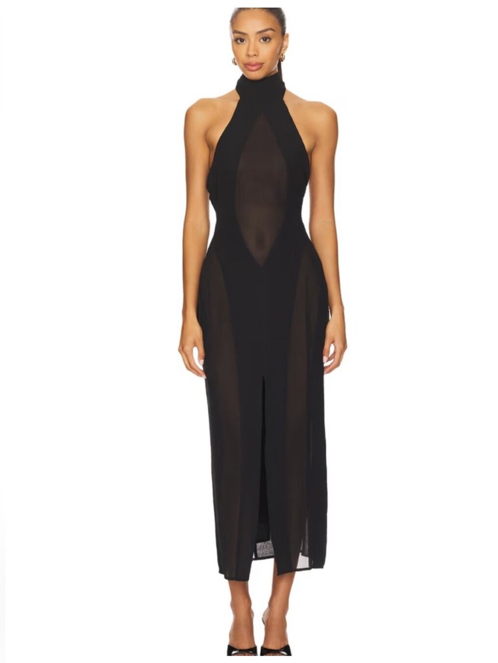 GUIZIO Koemi Sheer Panel Midi Dress Black Sleeveless Halter Sexy Maxi